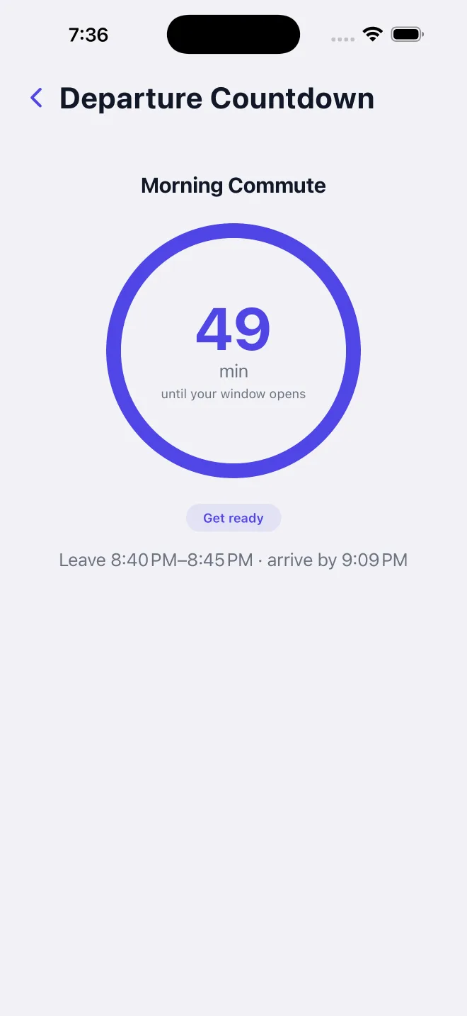 Departure countdown showing minutes until the leave window opens
