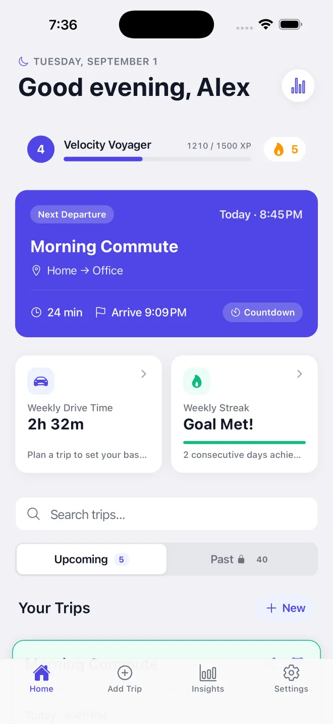 Route On Time home screen showing the next departure, leave time and weekly stats